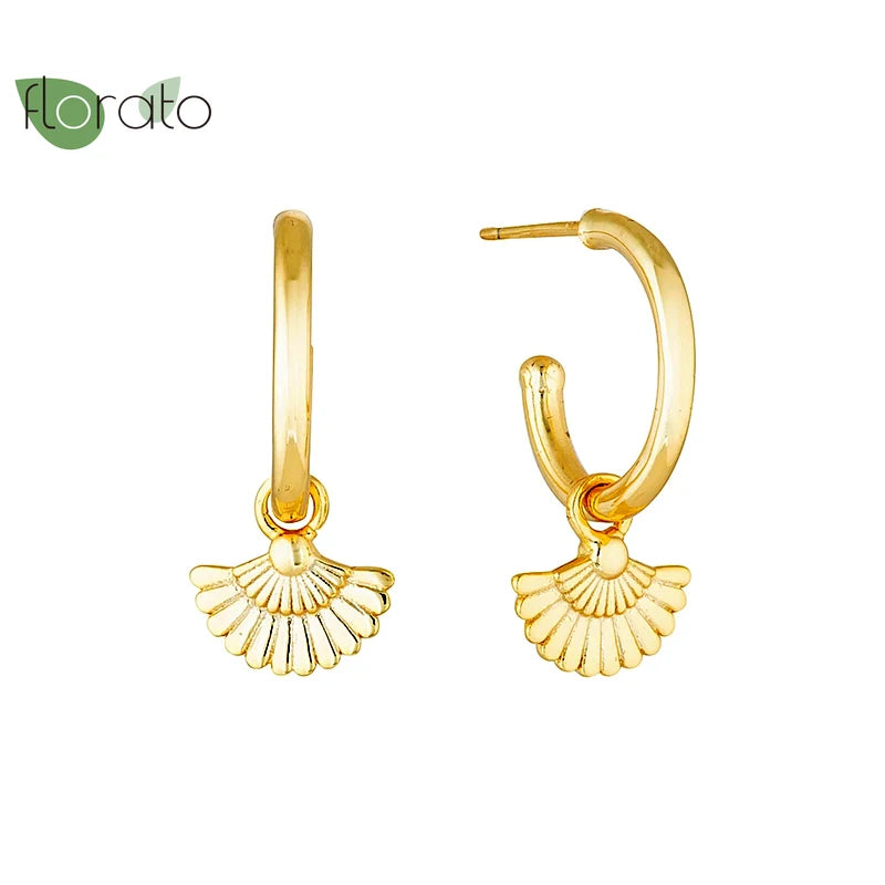 925 Silver Scalloped Stud Earrings 18K Plated Vintage Jewelry