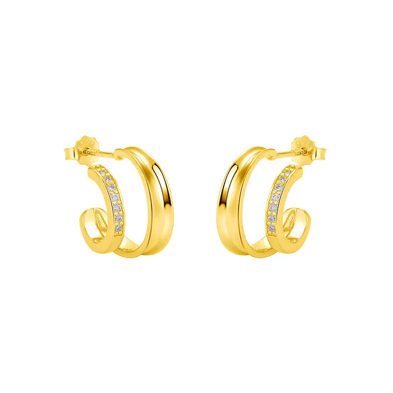 925 Silver Geometric Double Layer Stud Earrings Metal Punk Jewelry
