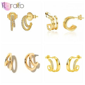 925 Silver Geometric Double Layer Stud Earrings Metal Punk Jewelry