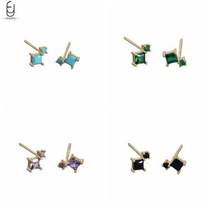 925 Silver Geometric Square Zircon Stud Earring for Women Men