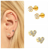 925 Silver Needle Flower & Heart Stud Earrings Wedding Three Blossom