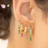 Sterling Silver Pink CZ Square Hoop Earrings