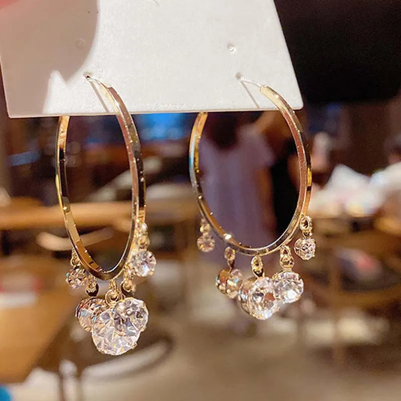 925 Silver Hoop Earrings Crystal Tassel Dangle Women Jewelry