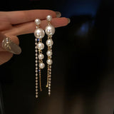925 Silver Drop Earrings Pearls Stone Tassel Party Jewelry