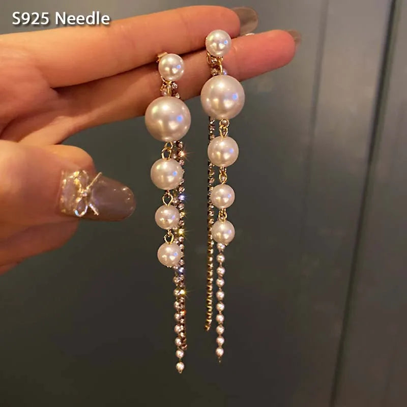 925 Silver Drop Earrings Pearls Stone Tassel Party Jewelry
