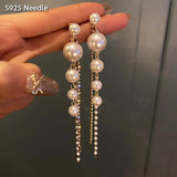 925 Silver Drop Earrings Pearls Stone Tassel Party Jewelry