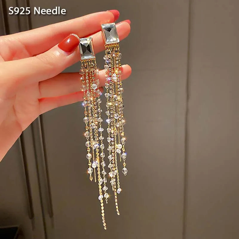 925 Silver Dangle Drop Earrings Square CZ Pearls Tassel Earrings