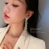 925 Silver Dangle Drop Earrings Square CZ Pearls Tassel Earrings