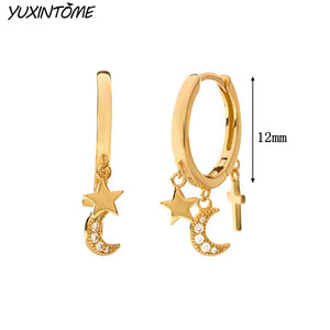 925 Sterling Silver Moon/Star Pendant Earrings Small Hoops for Women
