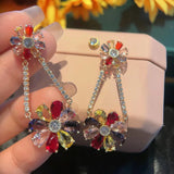 925 Silver Multicolor CZ Drop Earrings Flower Shape Wedding Party Gift