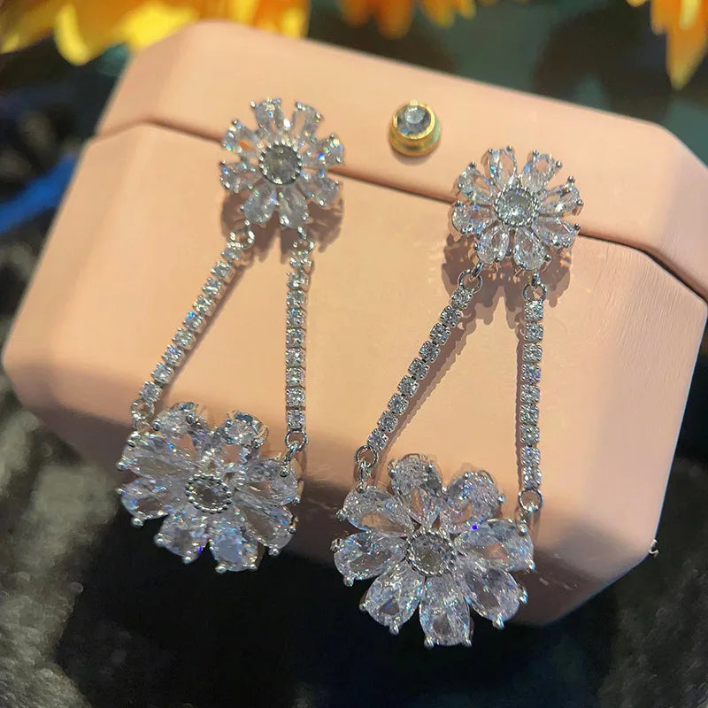 925 Silver Multicolor CZ Drop Earrings Flower Shape Wedding Party Gift