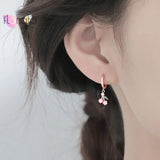 925 Silver Pink Cherry Pendant Hoop Earrings for Women