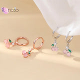925 Silver Pink Cherry Pendant Hoop Earrings for Women