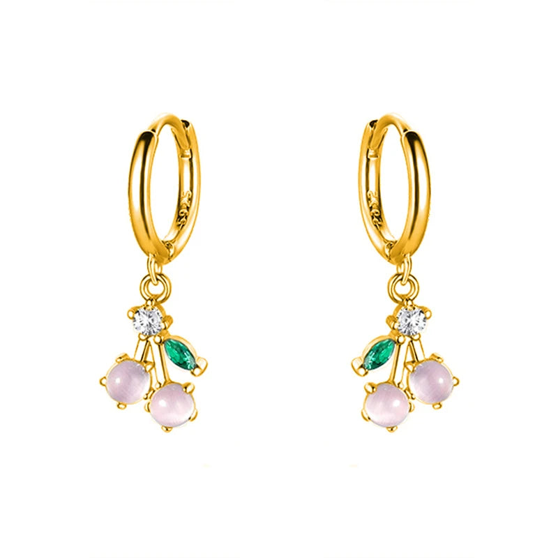 925 Silver Pink Cherry Pendant Hoop Earrings for Women