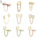 925 Silver Needle Crystal Tassel Hoop Earrings Chain Ear Clips