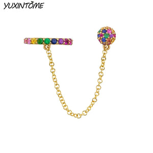 Rainbow Zircon Clip on Earrings 18K Chain Delicate Stud Jewelry