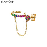 Rainbow Zircon Clip on Earrings 18K Chain Delicate Stud Jewelry