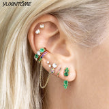 Rainbow Zircon Clip on Earrings 18K Chain Delicate Stud Jewelry