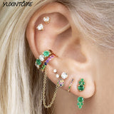 Rainbow Zircon Clip on Earrings 18K Chain Delicate Stud Jewelry