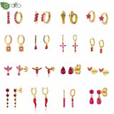 925 Silver Needle Red Crystal Heart Hoop Earrings for Women
