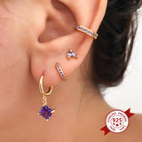 925 Silver Purple Crystal Pendant Hoop Earrings, Piercing Jewelry