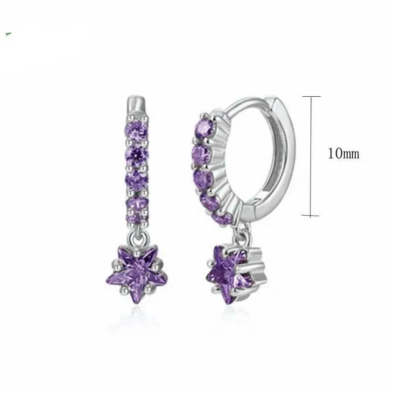 925 Silver Purple Crystal Pendant Hoop Earrings, Piercing Jewelry