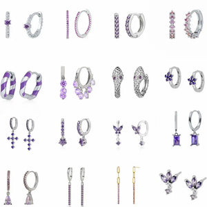 925 Silver Purple Crystal Pendant Hoop Earrings, Piercing Jewelry