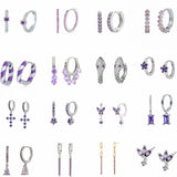 925 Silver Purple Crystal Pendant Hoop Earrings, Piercing Jewelry