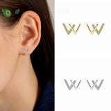 925 Silver Double V W Letter Stud Earrings