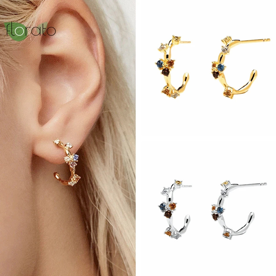 925 Silver C Shape Stud Earrings Zircon Wedding Jewelry