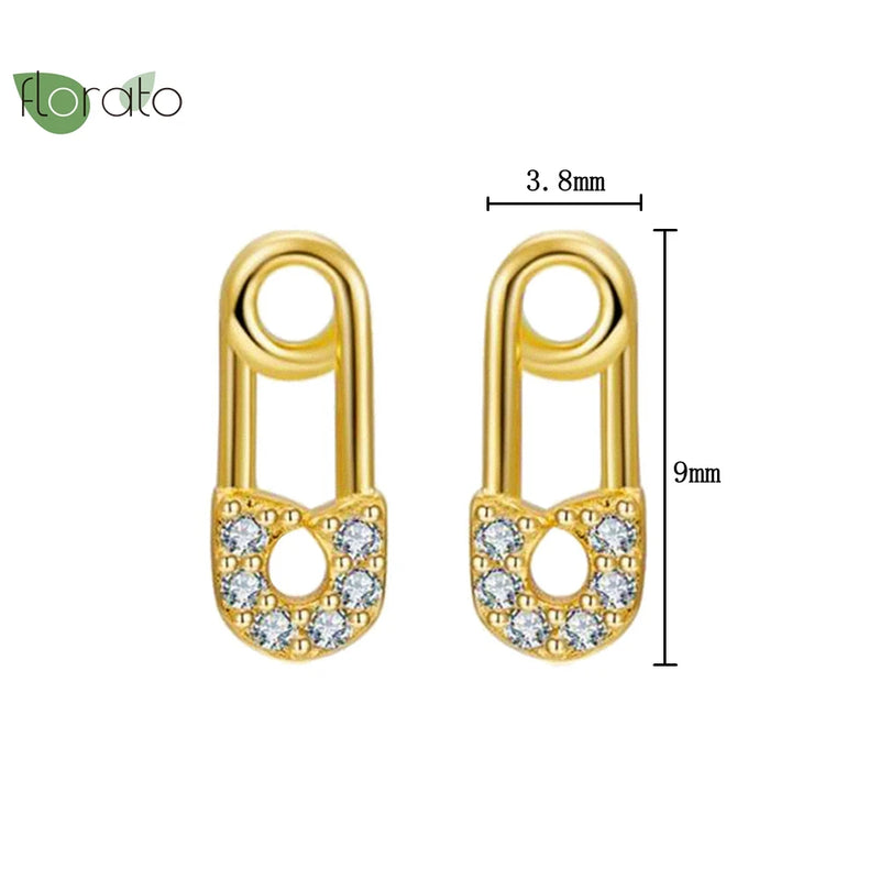 925 Silver Needle Small Paperclip Safety Pin Stud Earrings