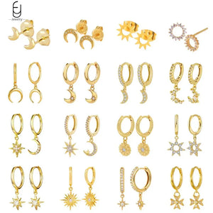 925 Silver Star Moon Crystal Pendant Earrings Moon/Sun Small Stud Jewelry