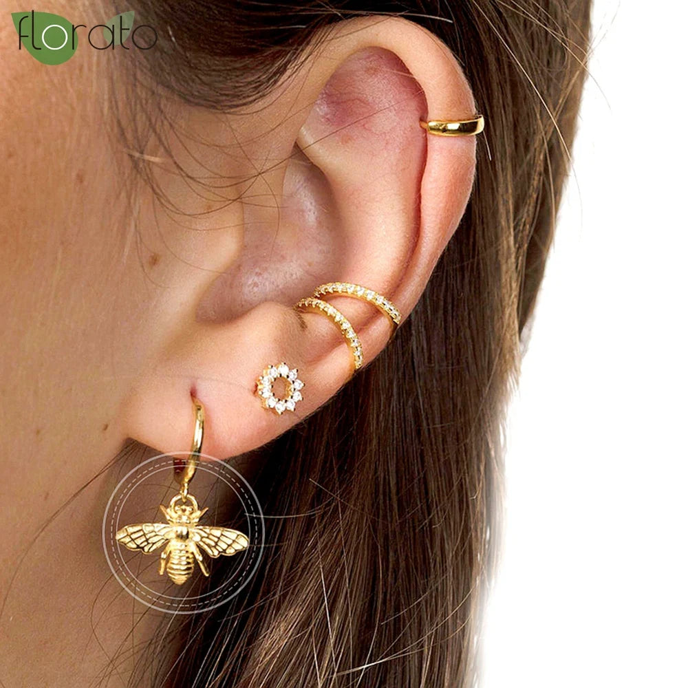 Bee Pendant Silver Hoop Earrings for Women Jewelry Gift