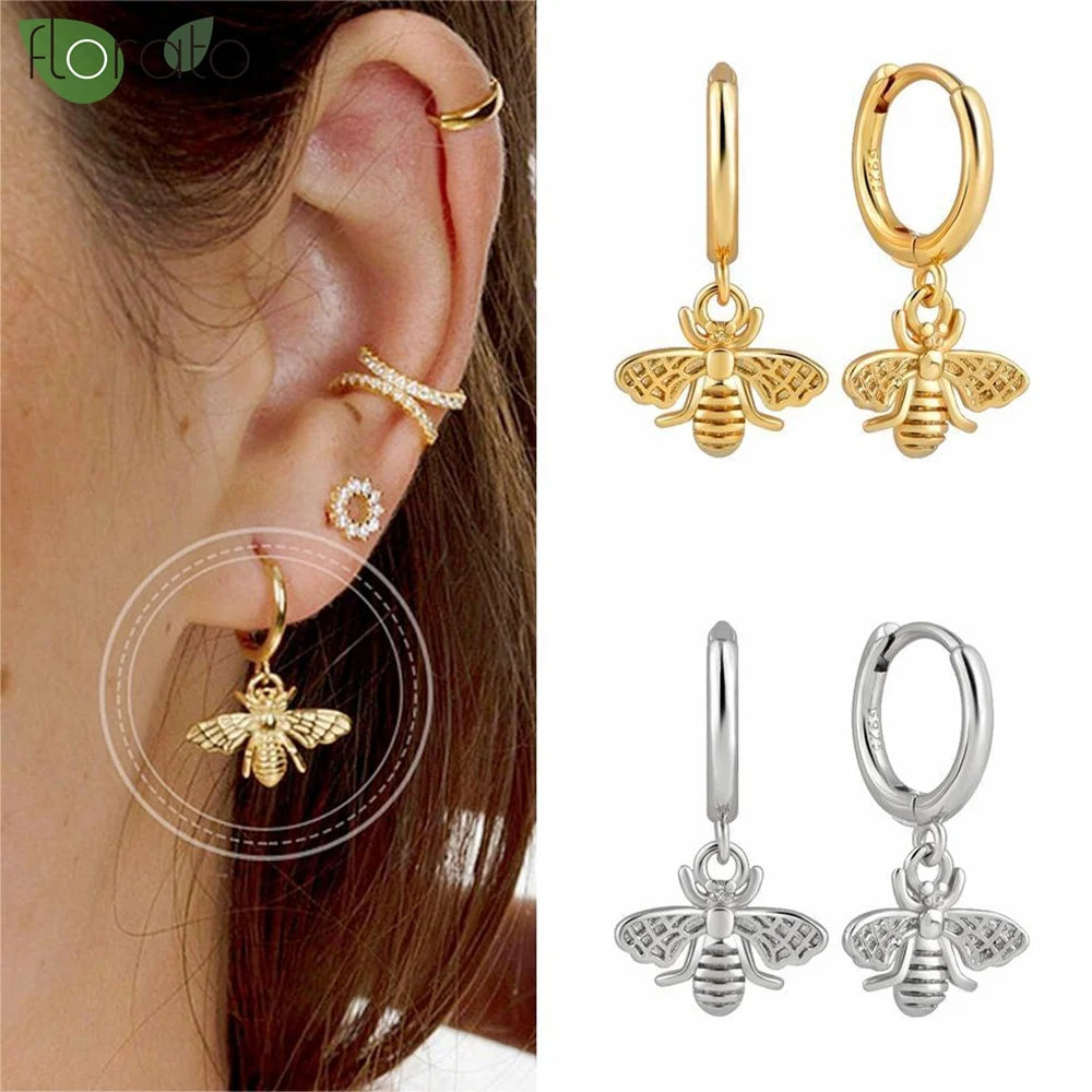 Bee Pendant Silver Hoop Earrings for Women Jewelry Gift