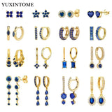 925 Silver deep sapphire Zircon Hoop Earrings Water Drop Pendant