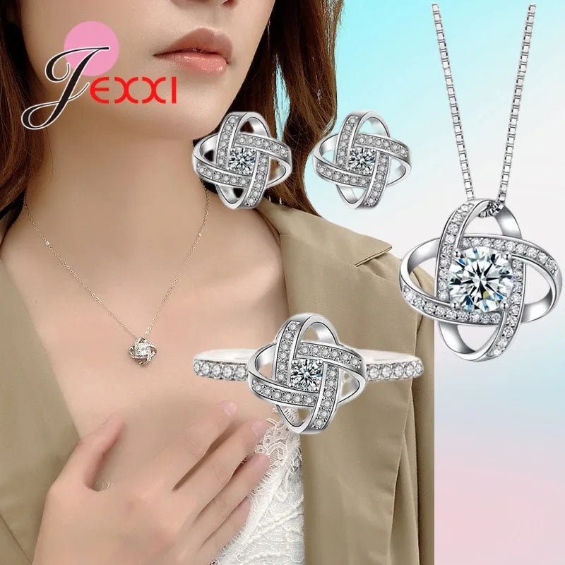 925 Silver Flower Jewelry Set Earrings Ring Pendant Necklace