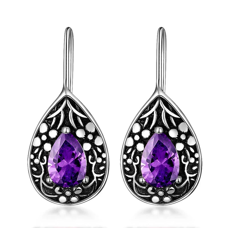 925 Silver Drop Pear Retro Earrings Purple Zircon Dangle Jewelry