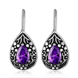 925 Silver Drop Pear Retro Earrings Purple Zircon Dangle Jewelry