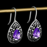 925 Silver Drop Pear Retro Earrings Purple Zircon Dangle Jewelry