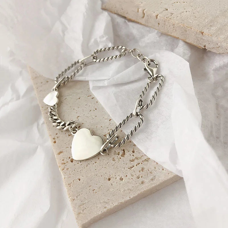925 Silver Heart Pendant Bracelet Bangle Vintage Jewelry Gift for Women