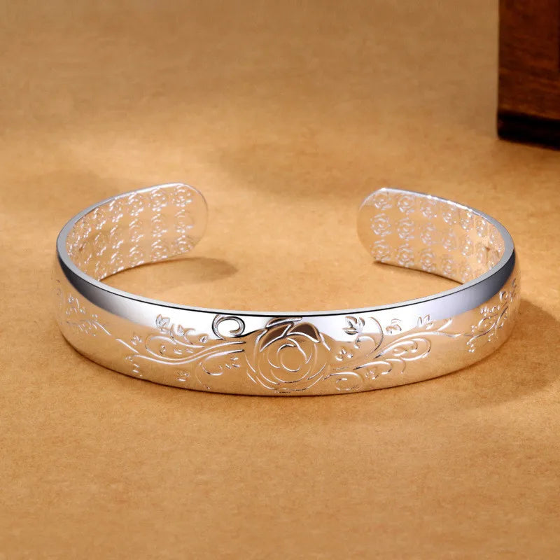 925 Silver Retro Flower Bracelet Open Bangle