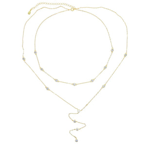 925 Silver Layered Choker Y Necklace Cz Charm Long Multilayer Y Necklace