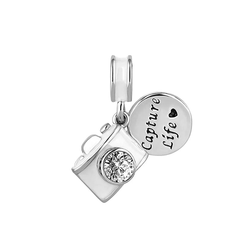 925 Silver European Beads Pink Camera Charms Bracelet