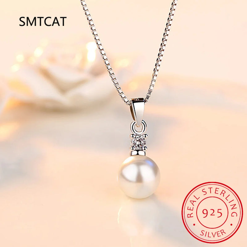 925 Sterling Silver Crystal Zircon Pearl Pendant Necklace for Women