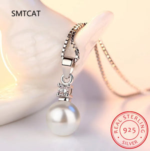 925 Sterling Silver Crystal Zircon Pearl Pendant Necklace for Women