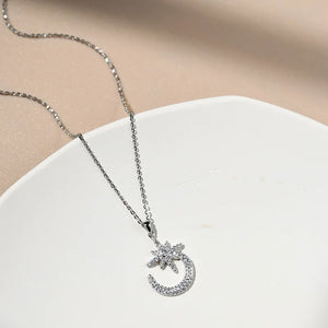 925 Silver Star Moon Necklace Flashing Diamond 8-Pointed Star Ladies Chain