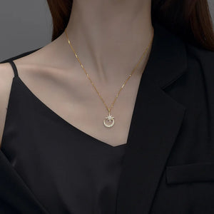 925 Silver Star Moon Necklace Flashing Diamond 8-Pointed Star Ladies Chain