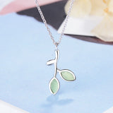 925 Silver Leaf Crystal Zircon Opal Pendant Necklace 40+3.5cm