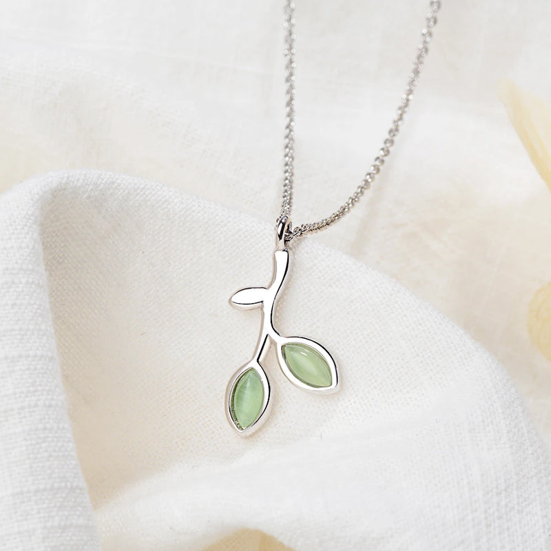 925 Silver Leaf Crystal Zircon Opal Pendant Necklace 40+3.5cm