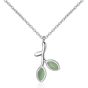 925 Silver Leaf Crystal Zircon Opal Pendant Necklace 40+3.5cm